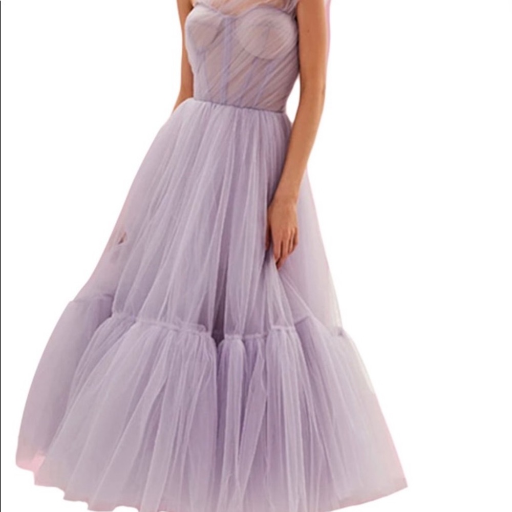 Lilac and pink tulle one shoulder midi dress